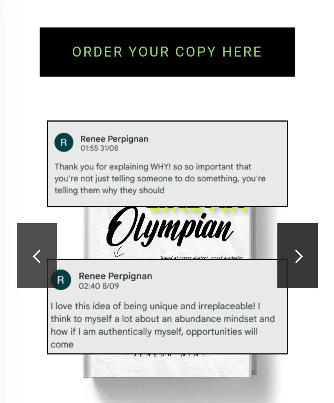 Screenshot of a reader message about being unique and irreplaceable, shown beside the book cover.