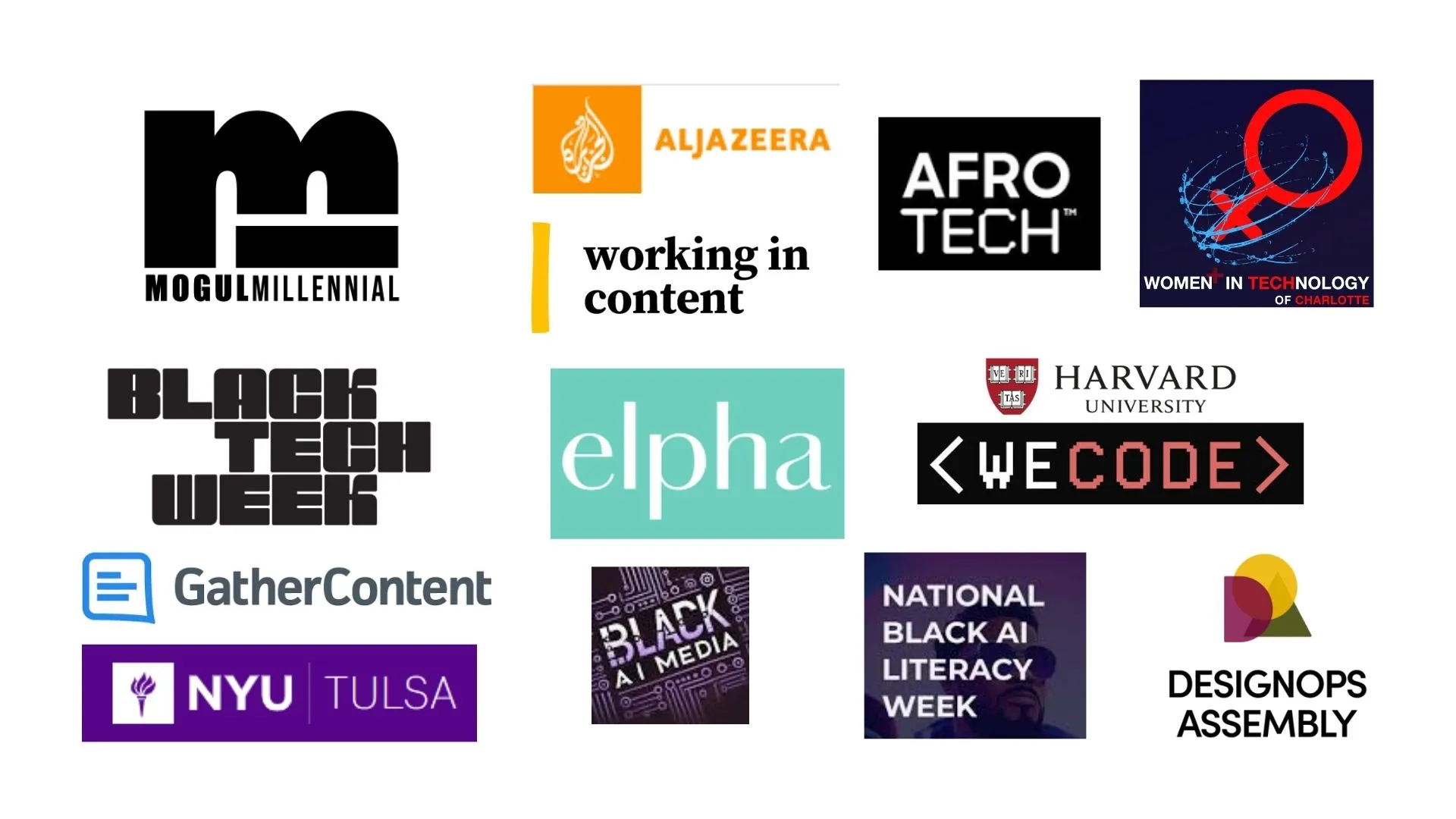 Logos of organizations Jeneba Wint has spoken for and been featured in, including Harvard University, Al Jazeera, AfroTech, Black Tech Week, NYU Tulsa, WeCode, Elpha, Mogul Millennial, and more